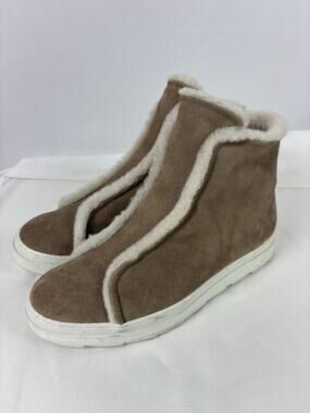 Joyks Suede Booties Sneakers Tan Taupe Faux Fur Accent Lining 39 Zip Ankle